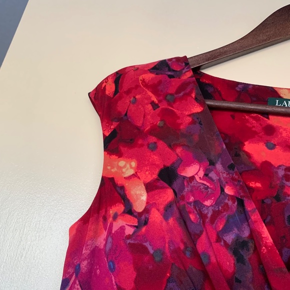 Lauren Ralph Lauren Opera Red Floral Ruched Dress Sz.10 V- neck Cross Over Knit - Picture 2 of 15